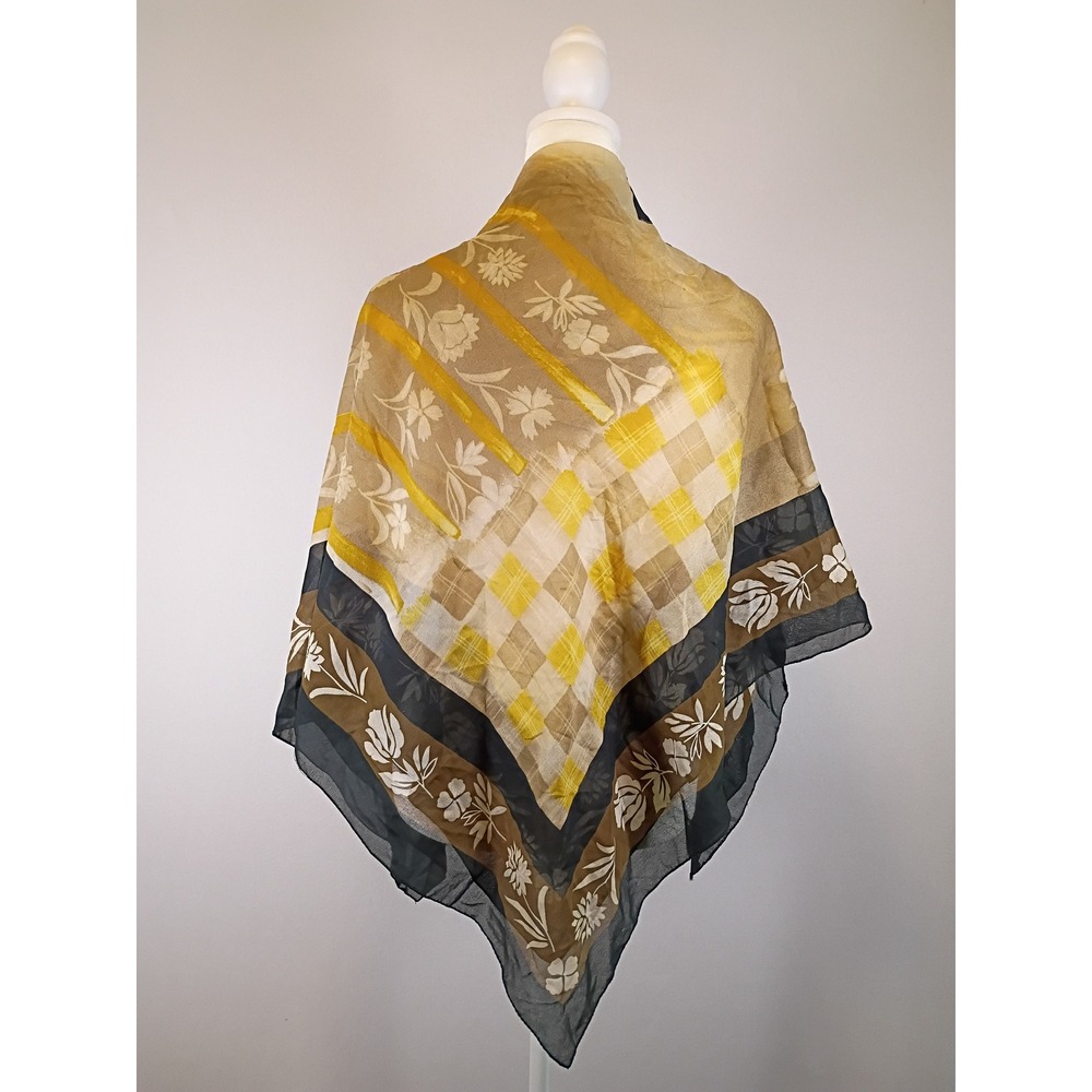 Vintage Aesthetic Harve Benard Womens OS Brown Yellow Floral Sheer Square Scarf